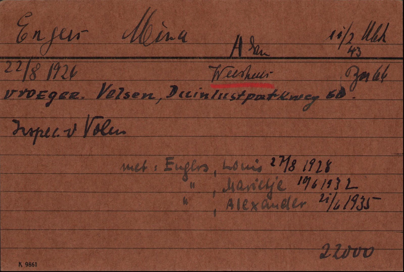 Jewish Council index card of Mina Engers.